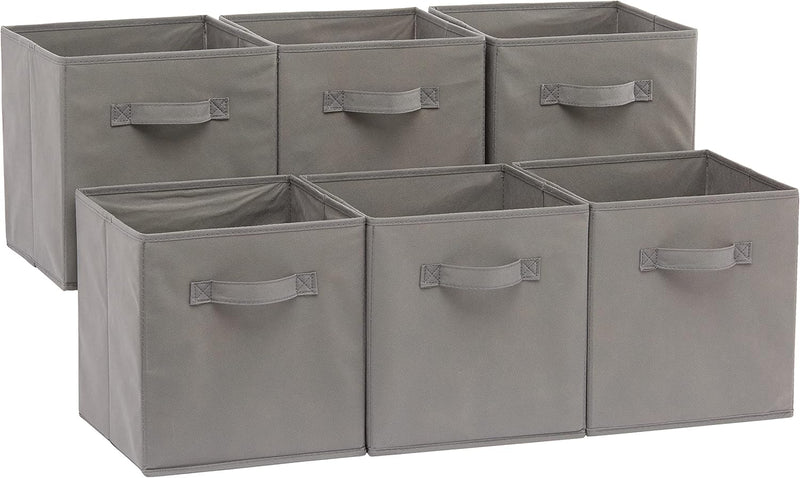 Amazon Basics Collapsible Fabric Storage Cube/Organiser with Handles, Pack of 6, Solid Grey, 26.6 x 26.6 x 27.9 cm - Solid Grey 26.67 x 26.67 x 27.94 centimeters(Pack of 6)
