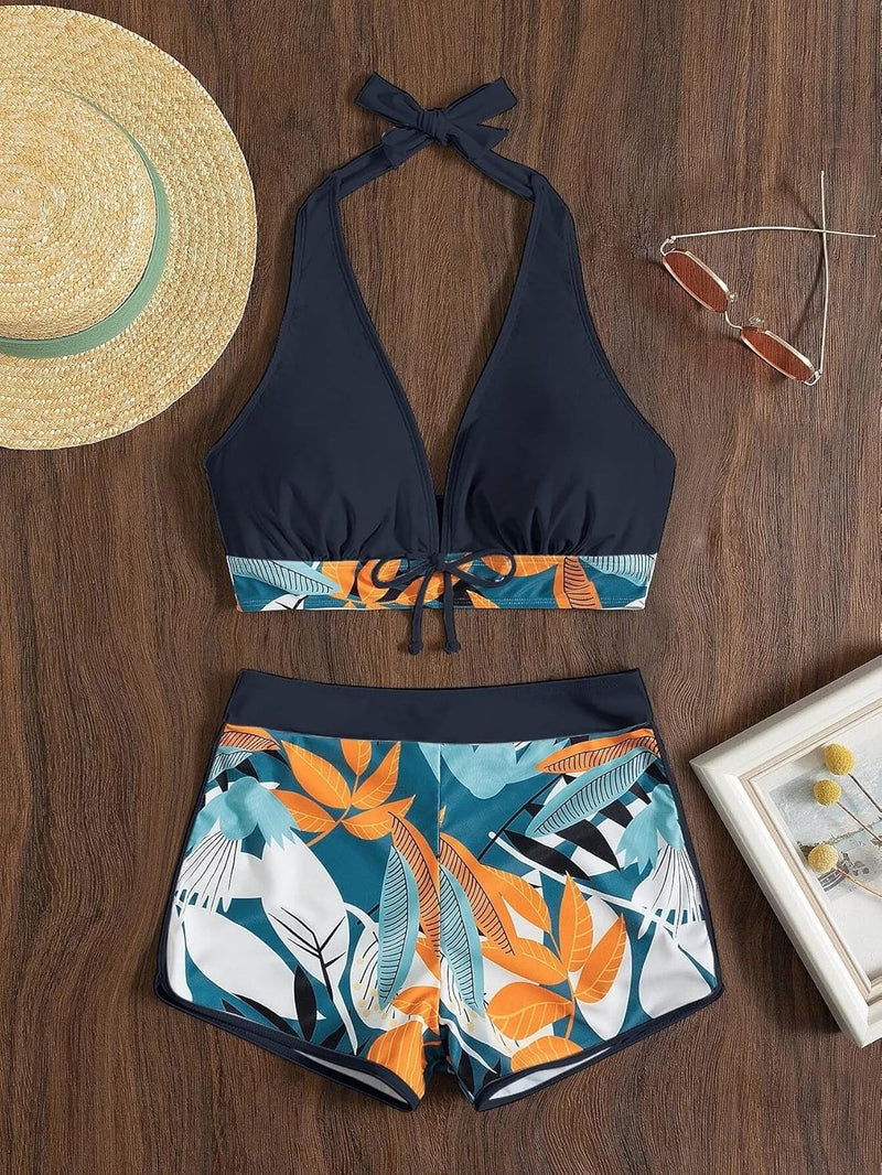 Tainehs Women's Two Piece Bikini Swimsuit Tie Halter Neck Padded Deep V Neck Bathing Suit with Boy Shorts