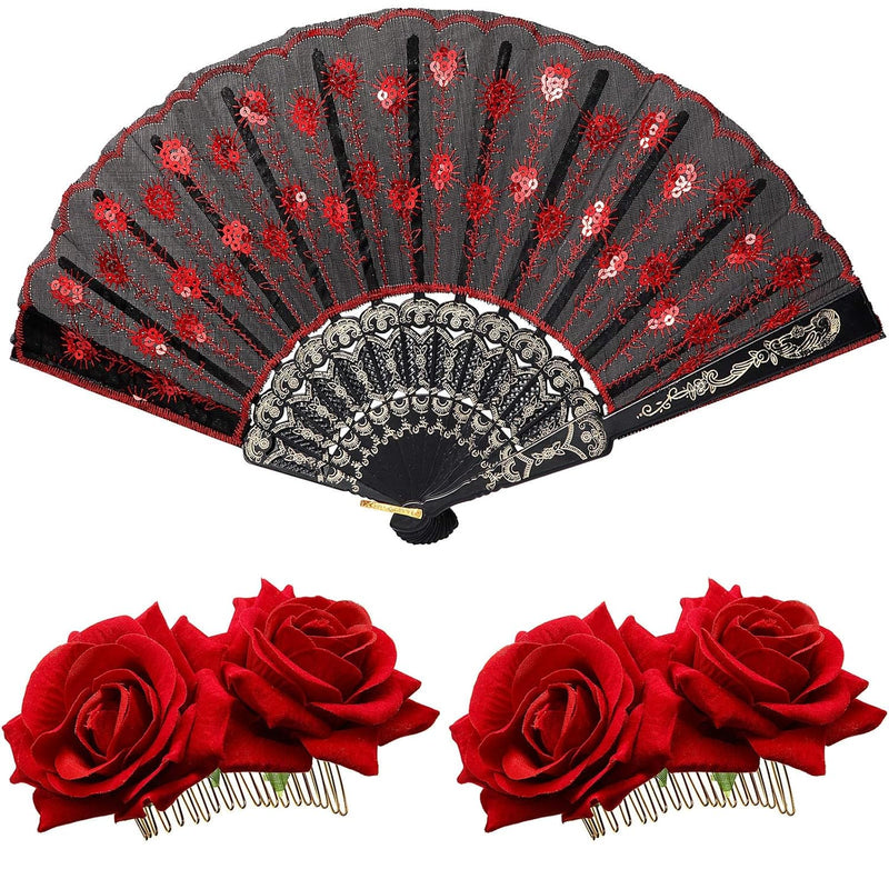 TERRIFI 2 Pieces Women Rose Flower Hair Clip and Embroidered Sequins Fabric Handheld Folding Fan Hair Accessories for Flamenco Dancer Costume Accessories Girl Cosplay Party