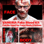 VANERIA Halloween Artificial Blood Set - Realistic & Washable Fake Blood, 50 ml Artificial Blood Spray, 50 ml Dripping Artificial Blood, Sponge, 4 Fake Scars & 4 Luminous Tattoos for Zombies, Vampires