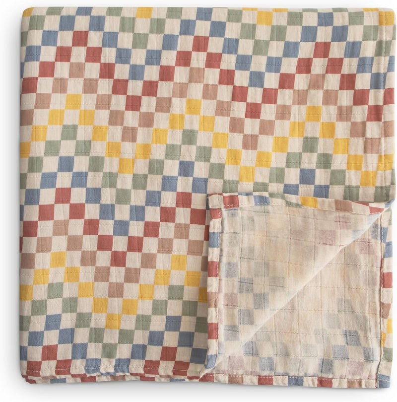 Organic Cotton Muslin Baby Blanket - Extra Soft Breathable Newborn Baby Blanket for Swaddling, Nursing & Cuddling - Pre-Washed for Delicate Skin Caramel Dots - Retro Check
