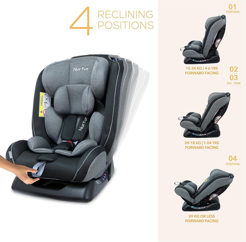 Nurtur Otto Baby/Kids 4-in-1 Car Seat - 4 Position Recline - 5-Point Safety Harness 10 Level Adjustable Headrest, 0 months to 12 years (Group 0+/1/2/3), Upto 36kg Black/Grey