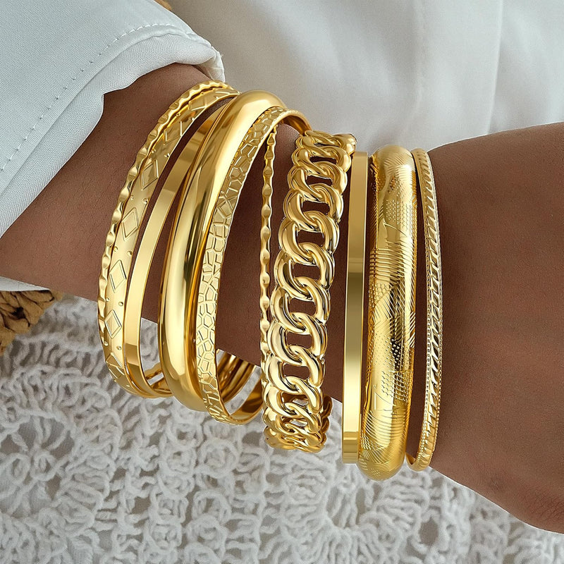 Gold Bangle Bracelets for Women, 14K Gold Plated Stackable Indian Bangles Set, Multi Layer Textured Chunky Boho Jewelry