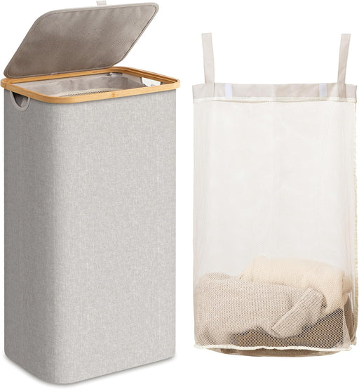 Laundry Hamper with Lid, 120L Large Laundry Basket with Bamboo Handles and Removable Inner Bag, Collapsible Dirty Clothes Hamper Laundry Bin for Bathroom, Bedroom, Dorm Laundry Room(Beige) - Light Grey 100L