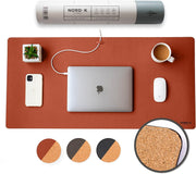 Nordik Leather Desk Mat Cable Organizer (Alaskan Gray 35 X 17 inch) Premium Extended Mouse Mat for Home Office Accessories - Non-Slip Vegan Leather Desk Pad Protector & Desk Blotter Pad - Cork Saddle Brown