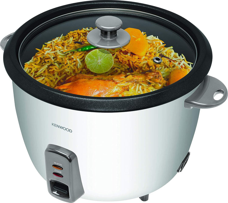 KENWOOD 2-in-1 Rice Cooker 2.8L 16-Cups Rice with Food Steamer Basket, Non-Stick Cooking Pot, Temepered Glass Lid, Warm/Cook Lights, Spatula Holder, Detachable Cord RCM71.000SS Silver