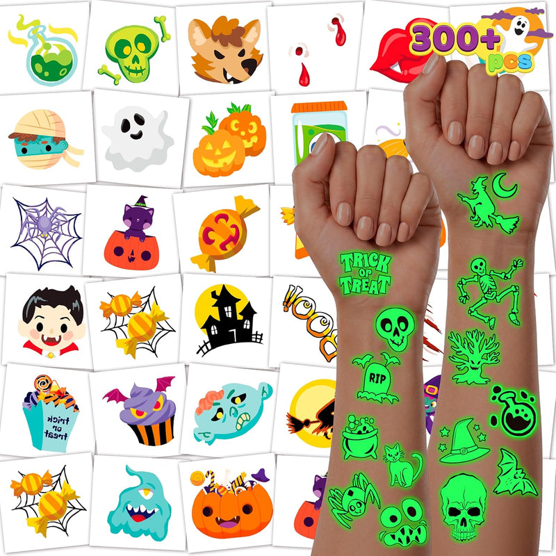 JOYIN 300+ Assorted Halloween Temporary Tattoos including Glow in the Dark Tattoos for Kids Halloween Trick or Treat Party Supplies, Class Hang out Give away Treat