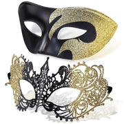 Couple Masquerade Masks Set Venetian Party Mask Plastic Halloween Costume Mask Mardi Gras Mask for Couples Women and Men, Gold - Black and Gold Glitter