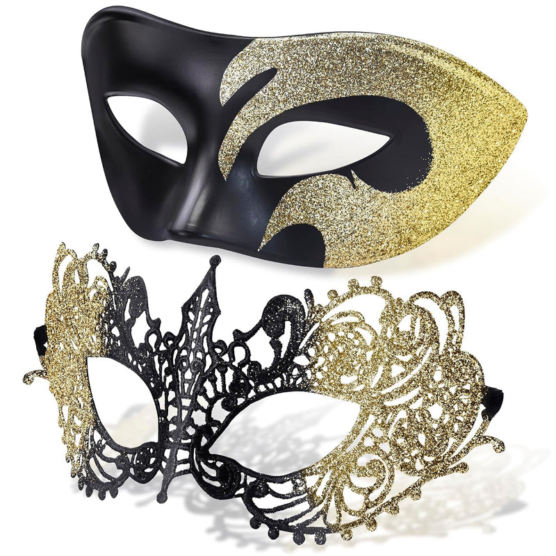 Couple Masquerade Masks Set Venetian Party Mask Plastic Halloween Costume Mask Mardi Gras Mask for Couples Women and Men, Black Silver - Black and Gold Glitter