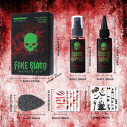 VANERIA Halloween Artificial Blood Set - Realistic & Washable Fake Blood, 50 ml Artificial Blood Spray, 50 ml Dripping Artificial Blood, Sponge, 4 Fake Scars & 4 Luminous Tattoos for Zombies, Vampires