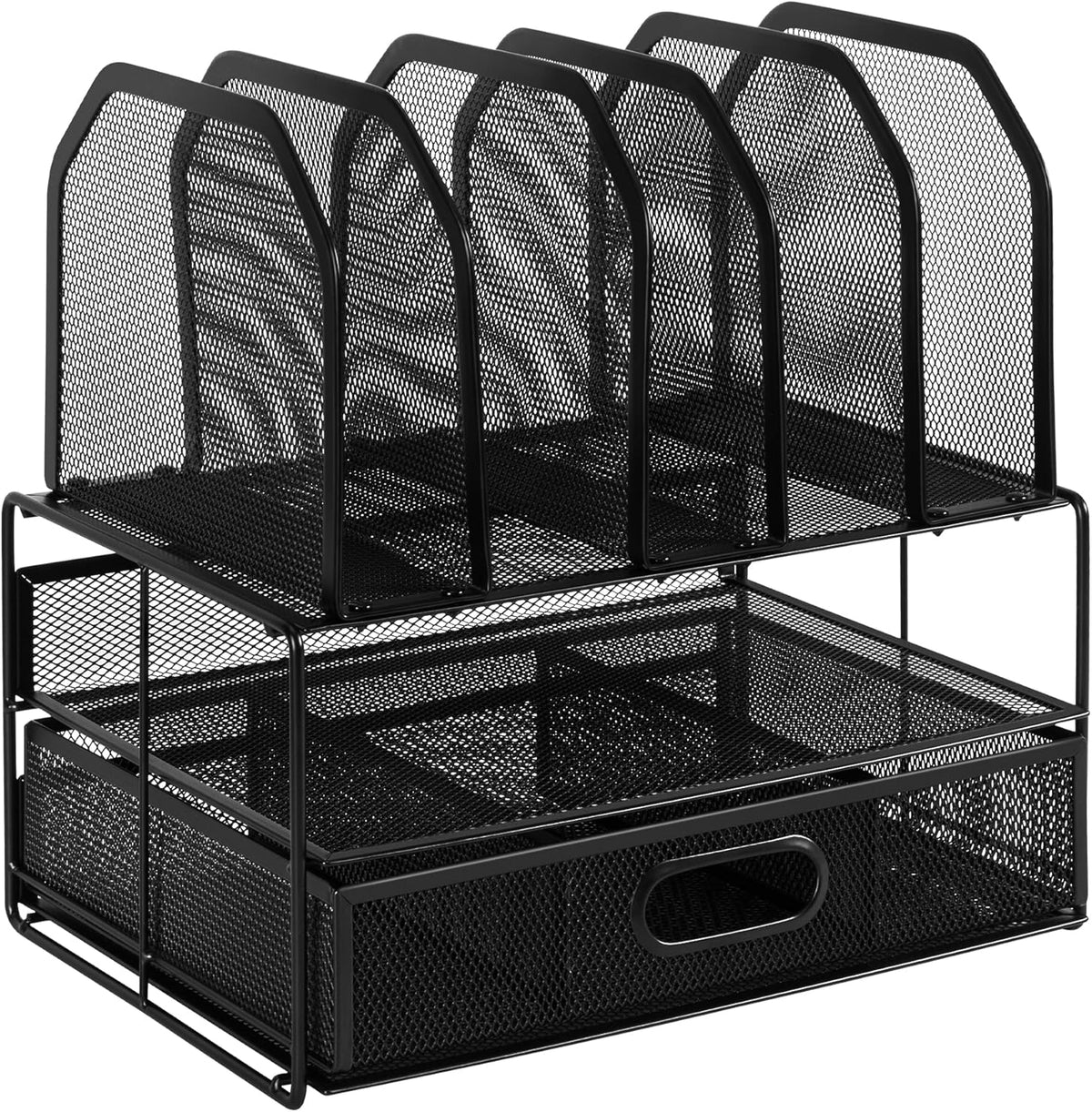 Amazon Basics Mesh Desk Organiser with Sliding Drawer, Double Tray and 5 Upright Sections, Black – image 3