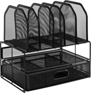 Amazon Basics Mesh Desk Organiser with Sliding Drawer, Double Tray and 5 Upright Sections, Black - 1