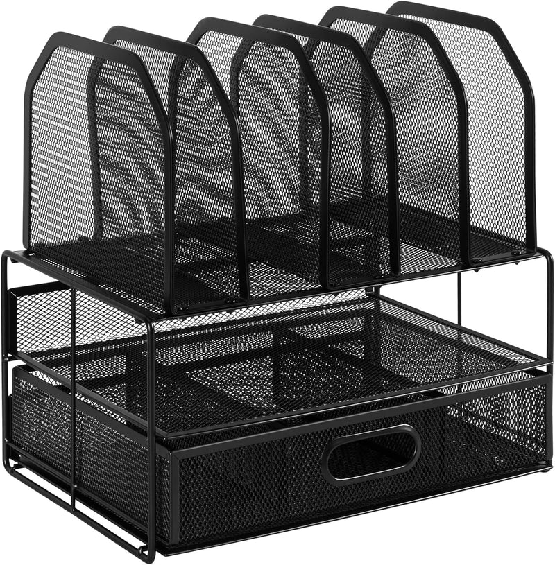 Amazon Basics Mesh Desk Organiser with Sliding Drawer, Double Tray and 5 Upright Sections, Black - 1