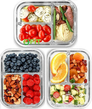 Glass Food Storage Containers with 3 Compartments and Lids 3-Pack, 950ml - Glass Containers, Glass Meal Prep Containers, Glass Food Box, Snack Boxes, Bento Lunch Box, Airtight Food Storage