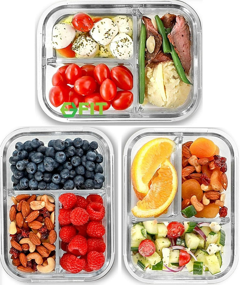 Glass Food Storage Containers with 3 Compartments and Lids 3-Pack, 950ml - Glass Containers, Glass Meal Prep Containers, Glass Food Box, Snack Boxes, Bento Lunch Box, Airtight Food Storage