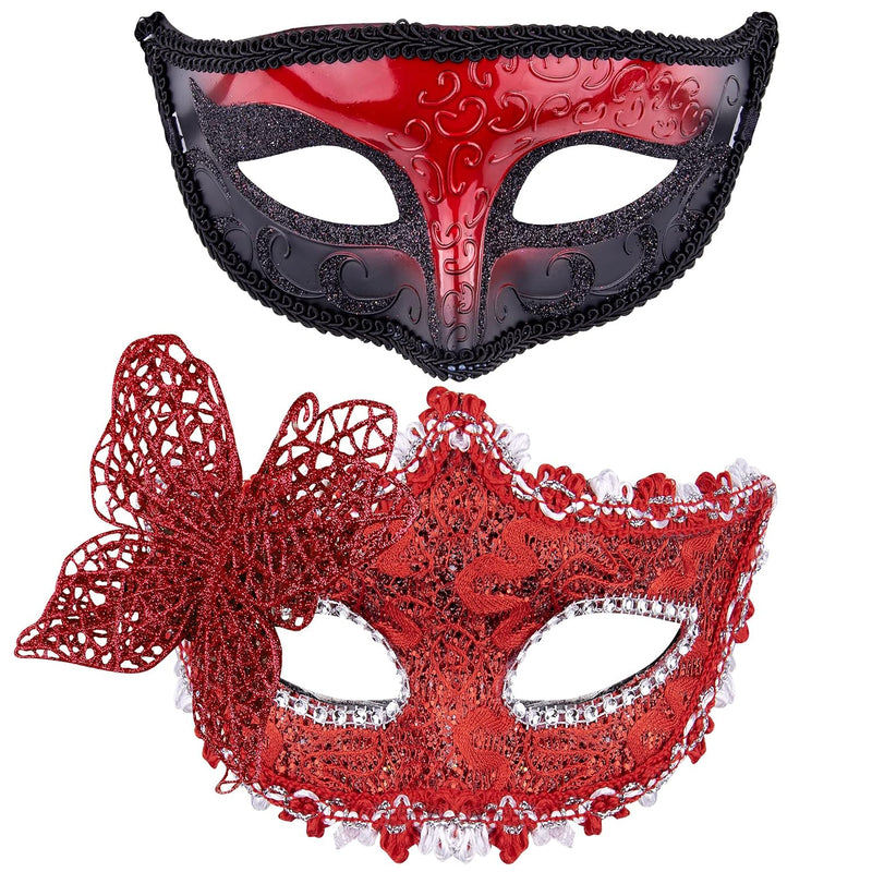 Couple Masquerade Masks Set Venetian Party Mask Plastic Halloween Costume Mask Mardi Gras Mask for Couples Women and Men, Gold - Red