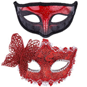 Couple Masquerade Masks Set Venetian Party Mask Plastic Halloween Costume Mask Mardi Gras Mask for Couples Women and Men, Black Silver - Red