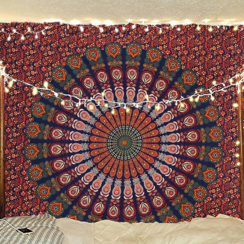 Bless International, Indian Wall Hanging Psychedelic Hippie Bohemian Peacock Mandala Tapestry Bed Sheet Gold Pink Blue King 225x265cm