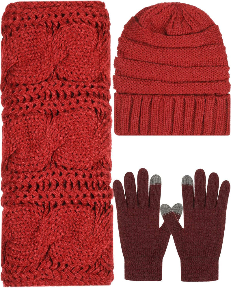 4 Pieces Women Winter Hat and Glove Set, Warm Knitted Beanie Hat Glove Snow Ski Skull Cap with Visor and Touchscreen Glove