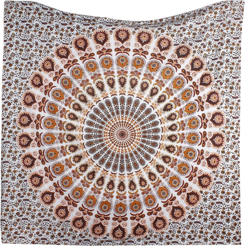 Bless International, Indian Wall Hanging Psychedelic Hippie Bohemian Peacock Mandala Tapestry Bed Sheet Gold Pink Blue King 225x265cm