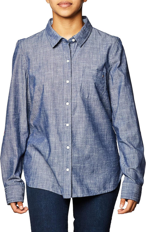 womens Classic Long Sleeve Roll Tab Button Down Shirt (Standard and Plus Size) - Chambray