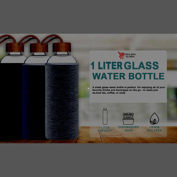 MAX-EMA Glass Water Bottle 1 Liter With Bamboo Lid And Neoprene Sleeve Reusable Glass Bottle For Hot And Cold Drinks, Juice, Tea, Milk, Smoothies And For Home, Gym And Travel (Blue)