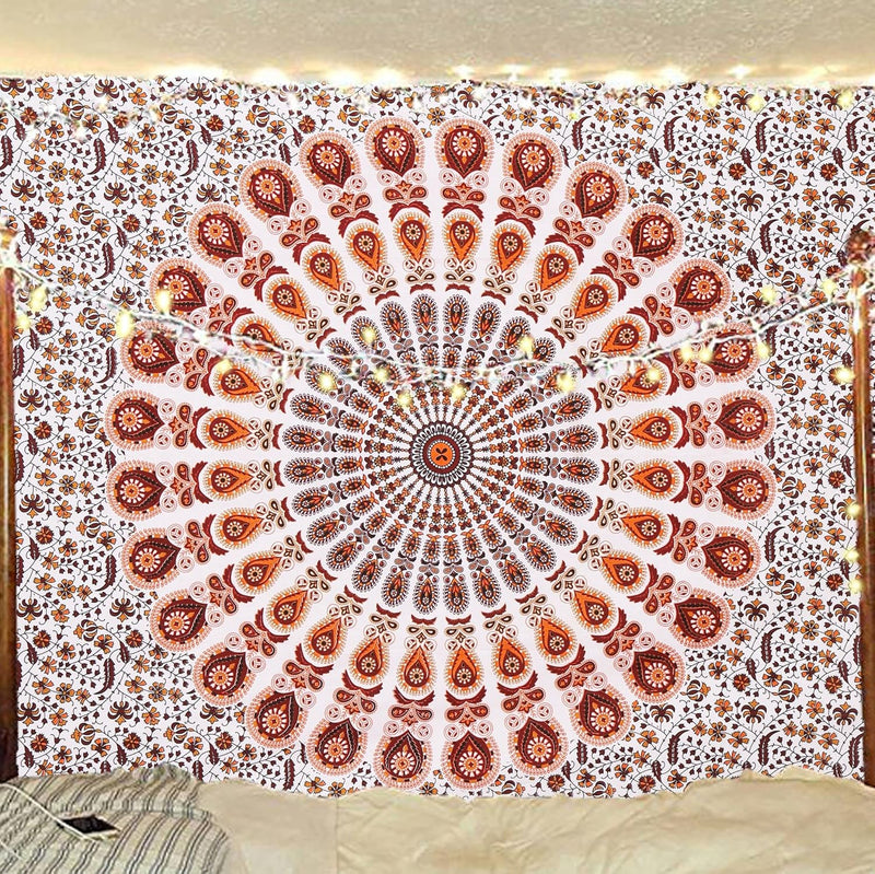 Bless International, Indian Wall Hanging Psychedelic Hippie Bohemian Peacock Mandala Tapestry Bed Sheet Gold Pink Blue King 225x265cm
