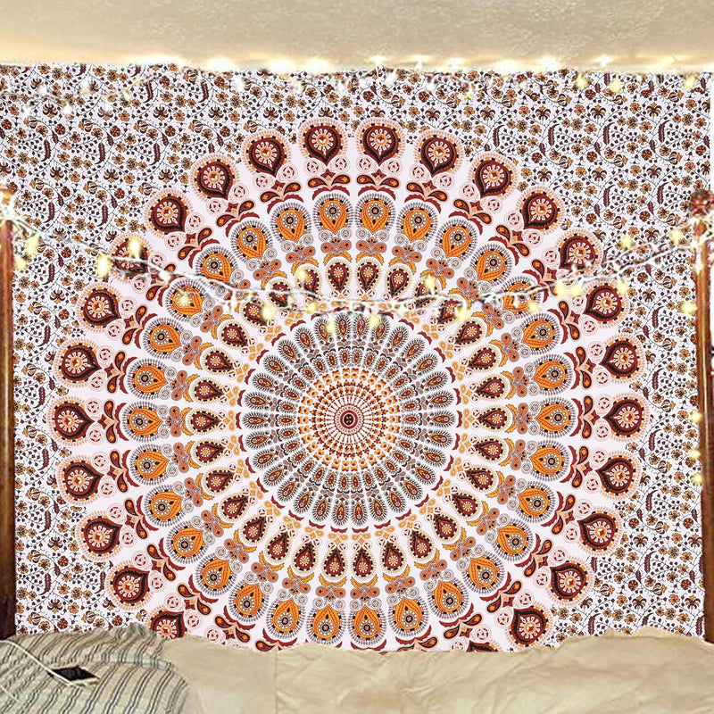 Bless International, Indian Wall Hanging Psychedelic Hippie Bohemian Peacock Mandala Tapestry Bed Sheet Gold Pink Blue King 225x265cm