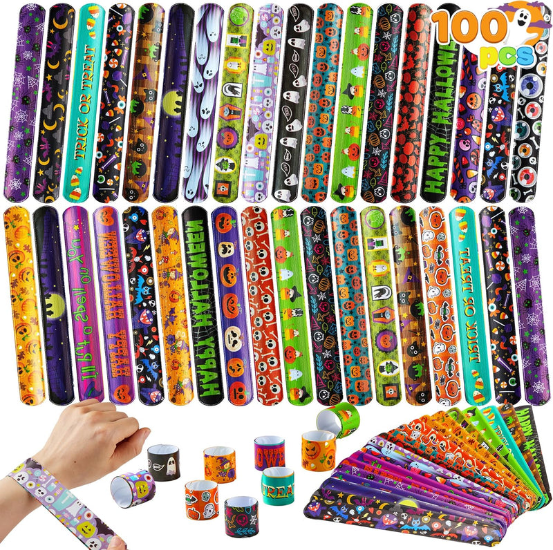 JOYIN Halloween Slap Bracelets Party Favors for Kids - 100 Pcs Friendship Bracelets Halloween Party Supplies and Decorations Snap Bracelets with Halloween Classies Pattern