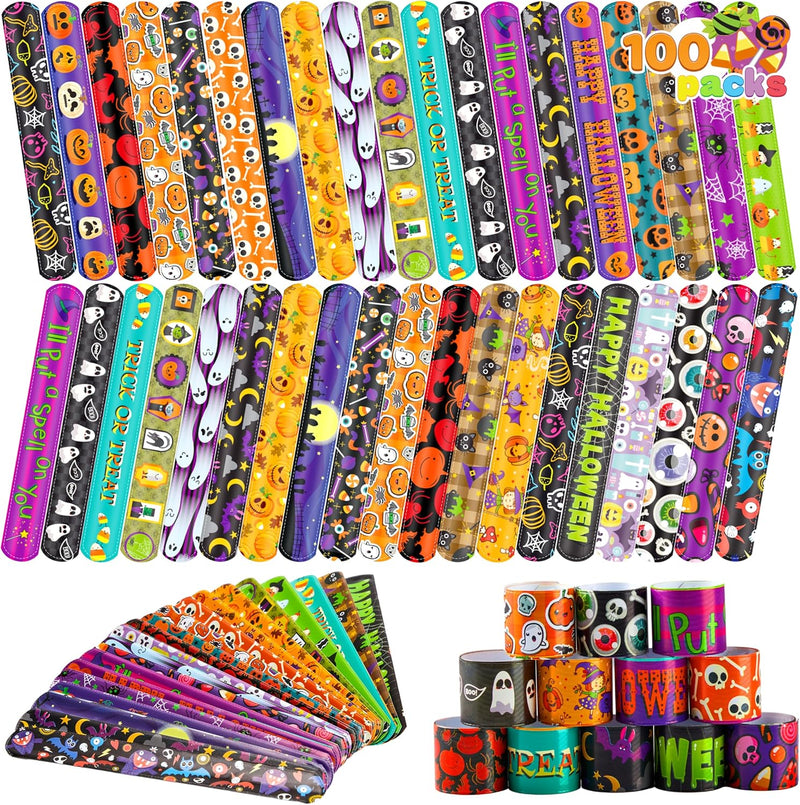 JOYIN Halloween Slap Bracelets Party Favors for Kids - 100 Pcs Friendship Bracelets Halloween Party Supplies and Decorations Snap Bracelets with Halloween Classies Pattern