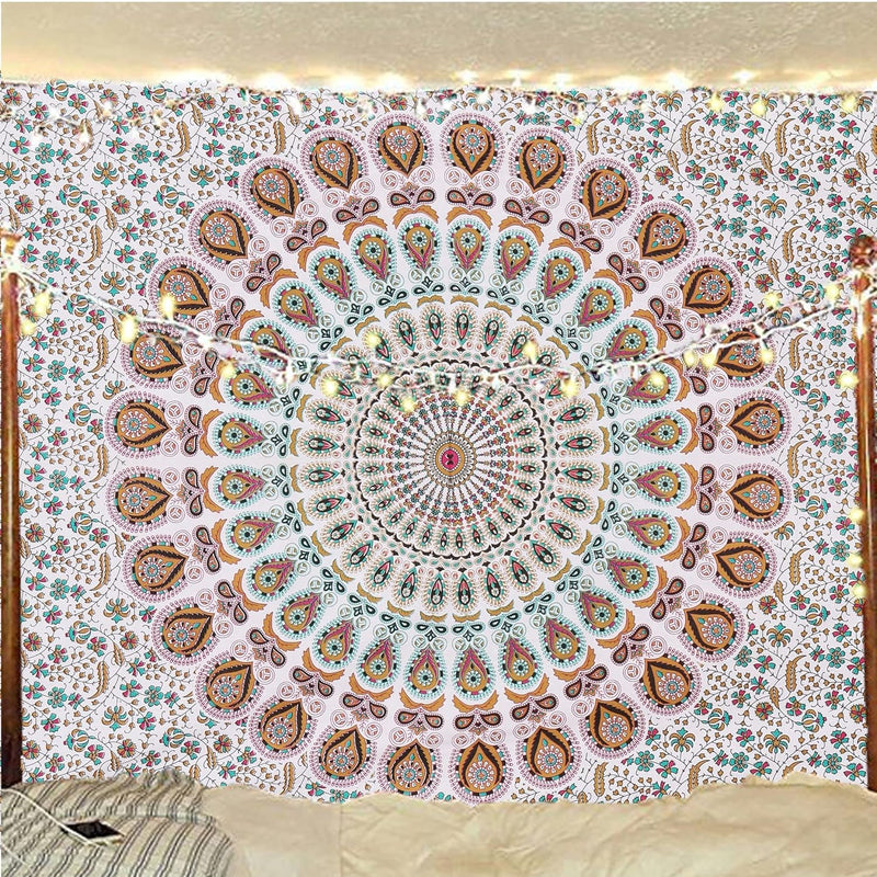Bless International, Indian Wall Hanging Psychedelic Hippie Bohemian Peacock Mandala Tapestry Bed Sheet Gold Pink Blue King 225x265cm