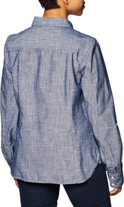 womens Classic Long Sleeve Roll Tab Button Down Shirt (Standard and Plus Size) - Chambray
