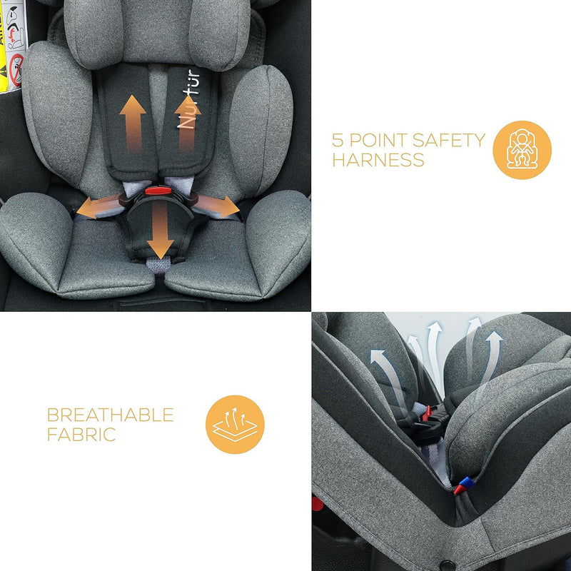 Nurtur Otto Baby/Kids 4-in-1 Car Seat - 4 Position Recline - 5-Point Safety Harness 10 Level Adjustable Headrest, 0 months to 12 years (Group 0+/1/2/3), Upto 36kg Black/Grey