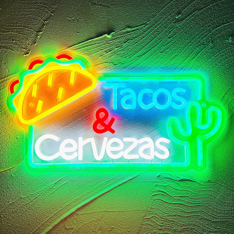 Artlast Tacos Neon Sign Tacos & Cervezas LED Neon Light Mexican Food Neon Lights Street Food LED Sign Decor Tacos Shop Busniess Neon Decoration Gift for Taco Lover