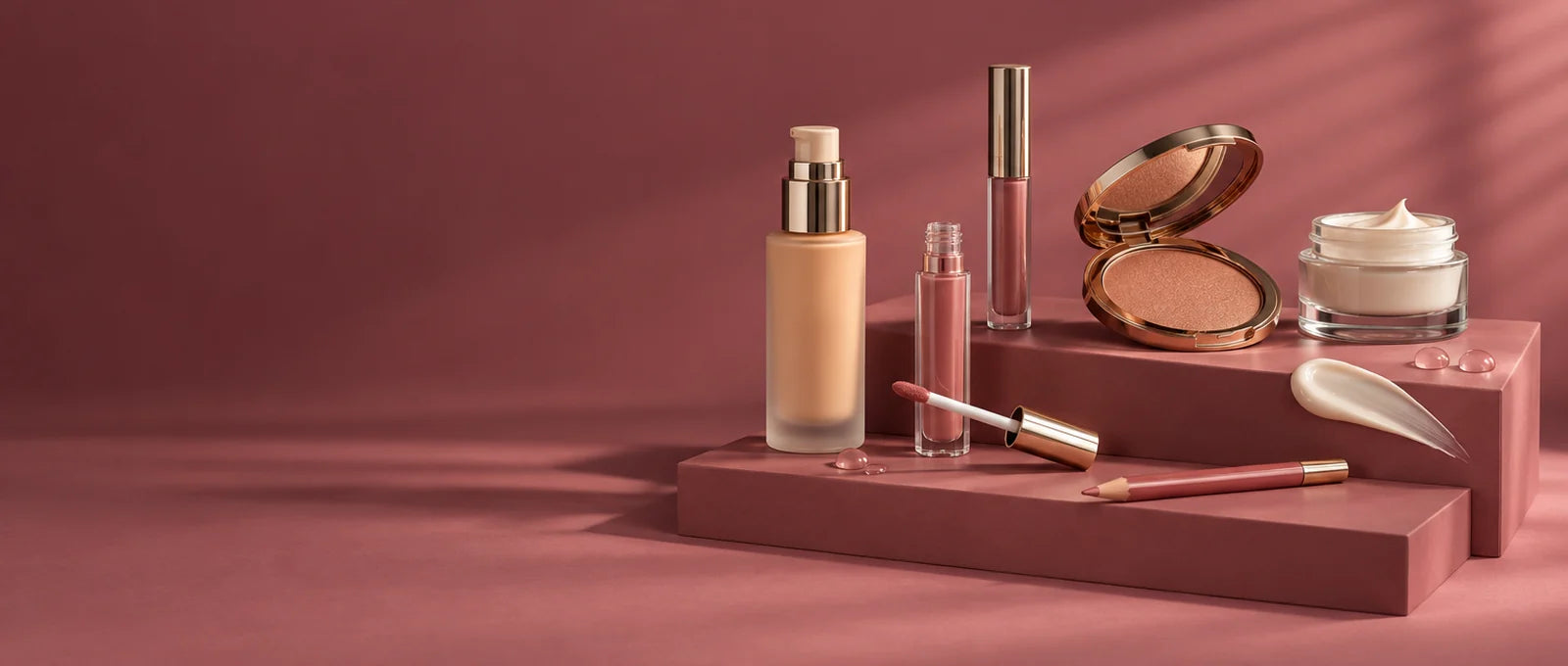Beauty at SawaKart: foundation, lip gloss, bronzer and face cream on a rose studio set