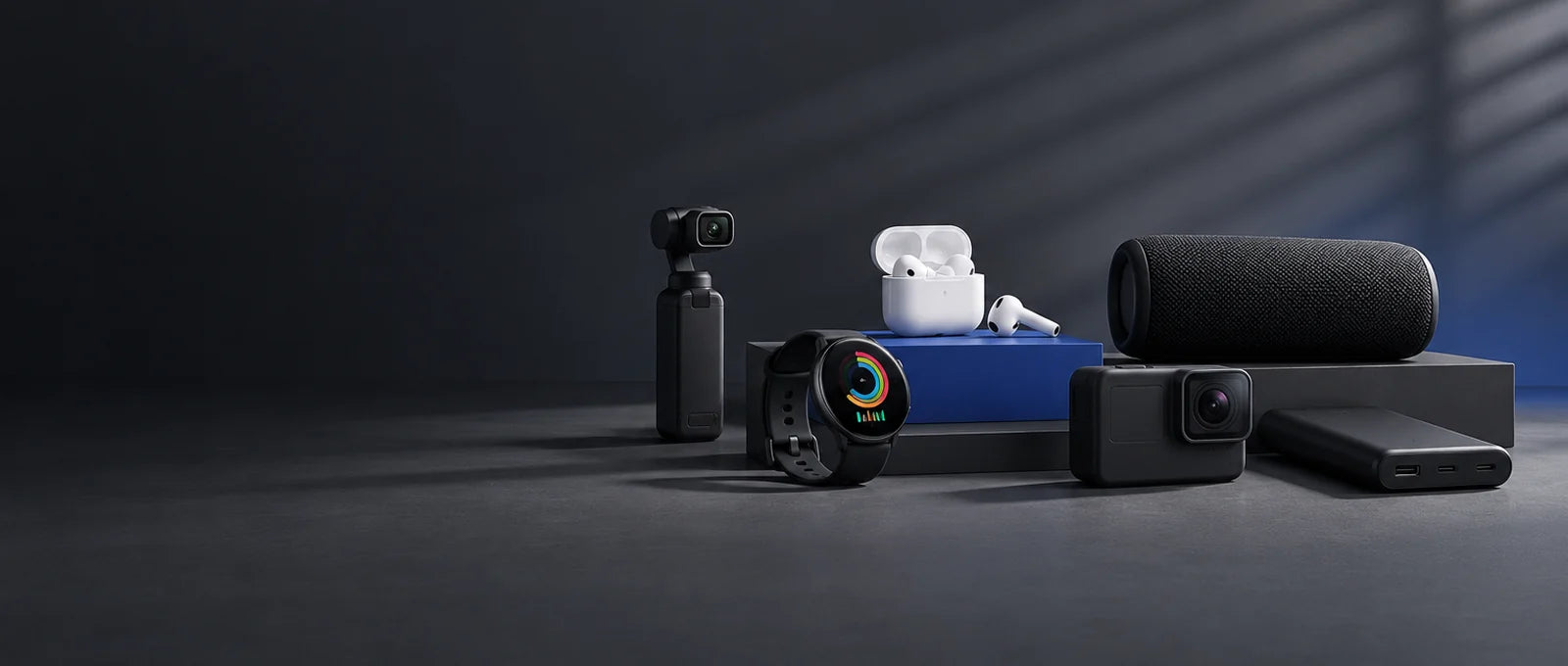 Electronics at SawaKart: gimbal camera, smartwatch, wireless earbuds, speaker, action camera and power bank