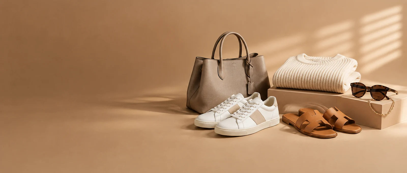 Women's fashion at SawaKart: white sneakers, tan slides, handbag, knit sweater and sunglasses on a camel set