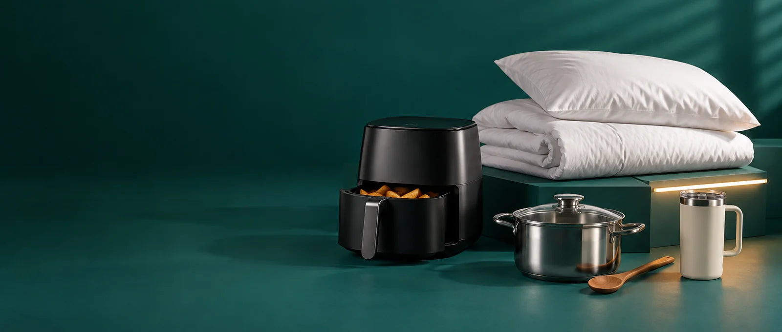 Home and kitchen at SawaKart: air fryer, cooking pot, insulated tumbler, LED strip light and bedding on a teal set