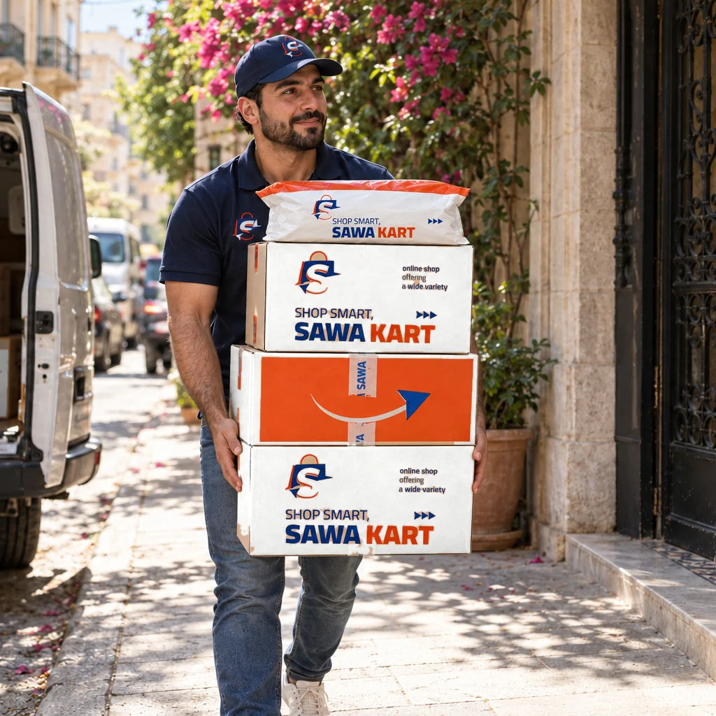 A SawaKart courier carrying SawaKart boxes and a mailer bag out of a delivery van