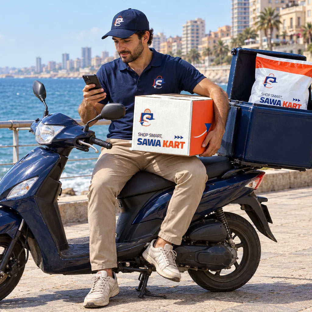 A SawaKart courier on a delivery scooter on the Beirut corniche holding a SawaKart box