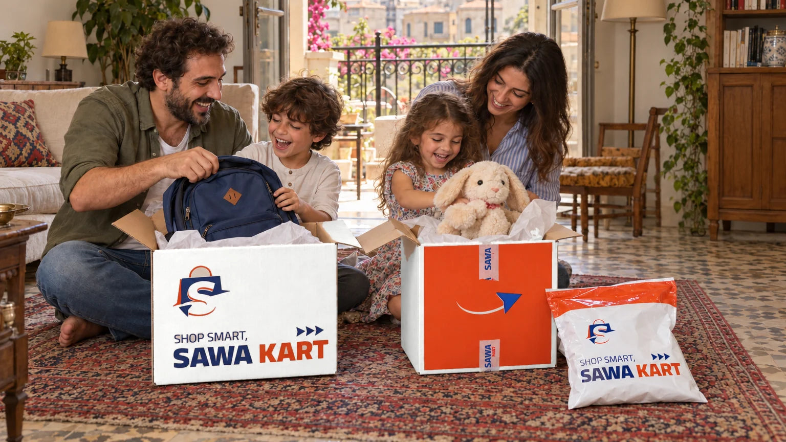 A family in Beirut opening their SawaKart boxes together in their living room