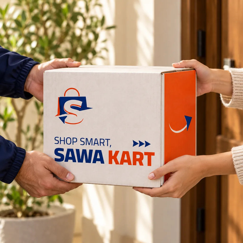 A SawaKart courier's hands passing a white and orange SawaKart box into a customer's hands at the door